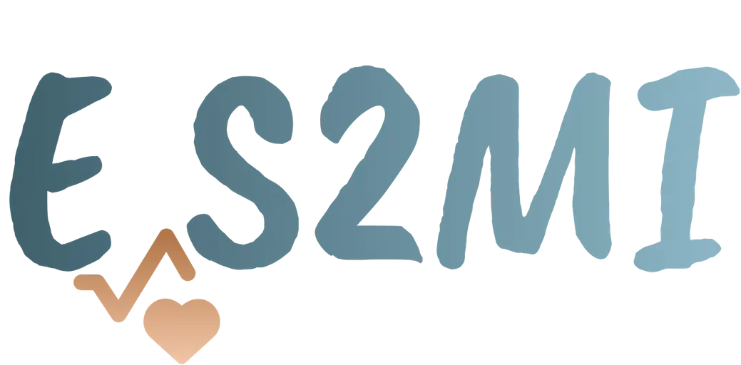 Texte « E S2MI » en bleu avec un cœur beige et une ligne en zigzag évoquant un moniteur cardiaque. Fond noir. Symbolise la santé et le bien-être.