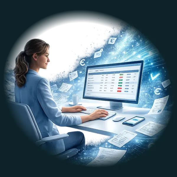 Une femme en tailleur bleu est assise à un bureau, utilisant un ordinateur sur lequel s'affichent des données financières. Des symboles numériques et des feuilles de papier flottent autour d'elle, créant une scène dynamique et concentrée.