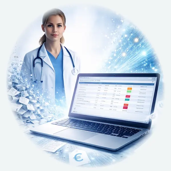 Un médecin se tient debout, l'air assuré, un stéthoscope à la main, à côté d'un ordinateur portable affichant des données financières, le tout entouré d'effets numériques futuristes et lumineux.