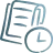 Icône représentant un document à lignes horizontales, symbolisant du texte, à côté d'une horloge. Le design est simple, en bleu clair sur fond sombre, évoquant des actualités.